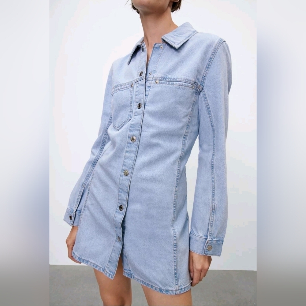 Zara Cotton Fitted Long Sleeves Button Down Denim Shirt Dress Light Wash Size S - Picture 14 of 15